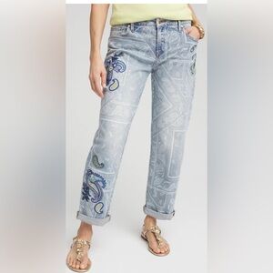 Chico’s Paisley Applique Cropped Jeans - Light Blue. Embroidered, Soft, Stretchy